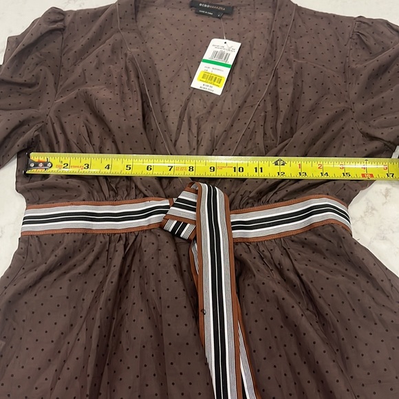 NWT BCBG Maxazria Brown Sheer with Black Polka Dots Tie Around the Waist Top - Picture 7 of 8